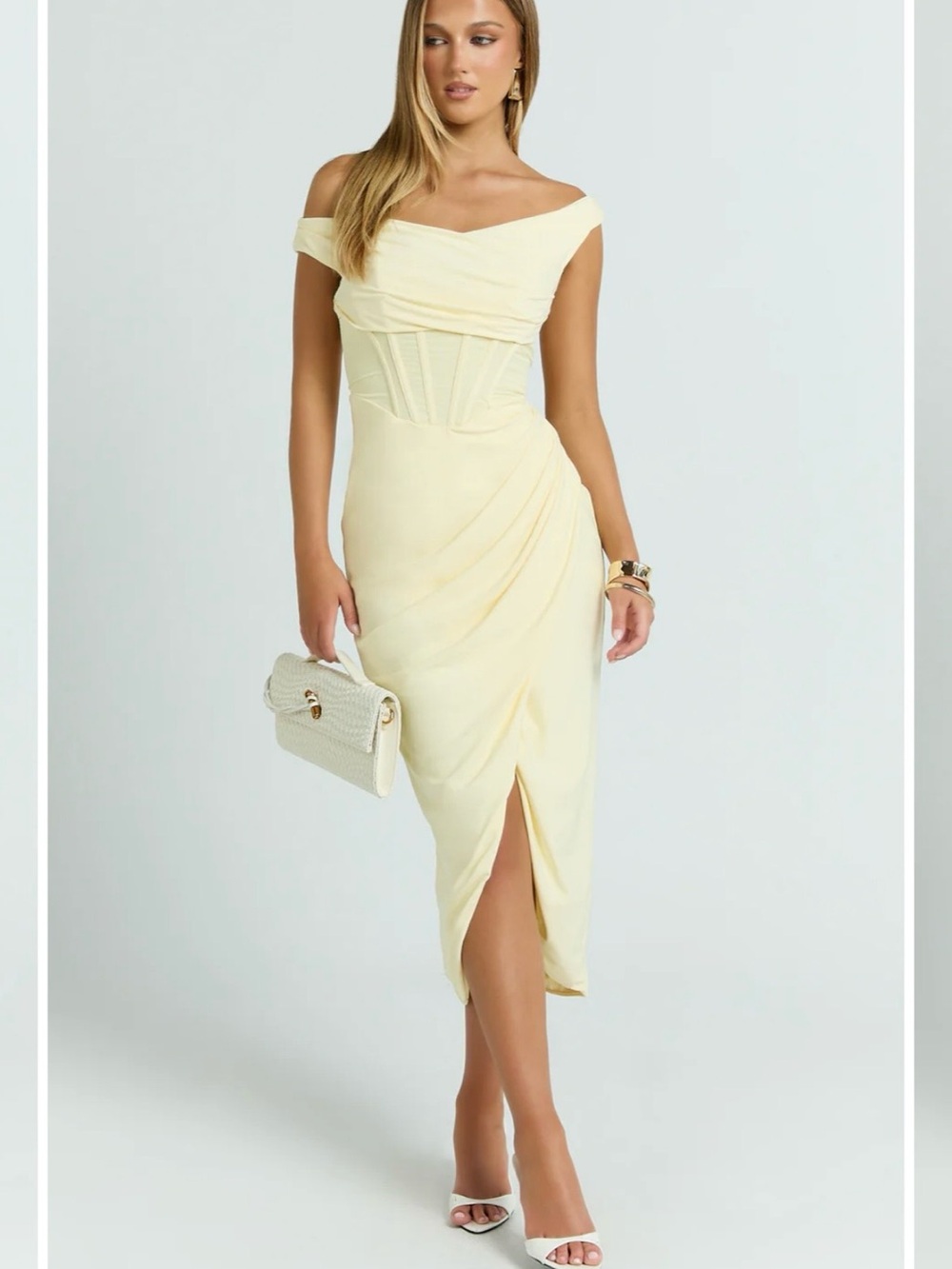 Elegant Off-Shoulder butter yellow Midi Dress with Ruched & corset Detail